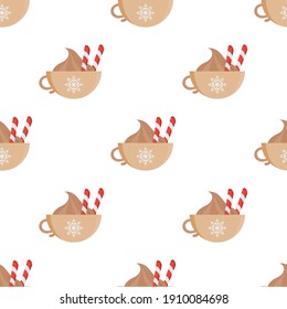Seamless pattern with a cup of hot drink. Good for backgrounds, books, wrapping paper, and gifts. Vector illustration, flat style.
