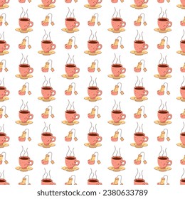 Seamless pattern with a cup of hot tea and a tea bag. Vector flat illustration suitable for wrapping paper.