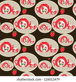 Seamless pattern with cup, kettle and strawberries