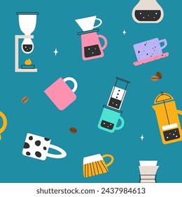 Seamless pattern of cup or mug of coffee and diverse types of coffee makers. French press, drip, pour over, siphon or vacuum pot brewing method. Barista tools vector illustration for textile, wrapping