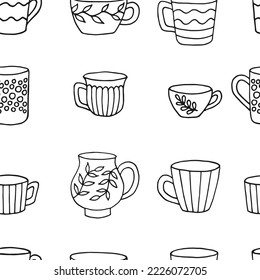 Patrón sin brillo con taza de taza. Copa al estilo doodle. Ilustración vectorial dibujada a mano.