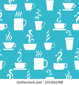 Seamless pattern with cup (mug) with hot and aromatic beverage. Tea and coffee. Background, texture, vector flat illustration.