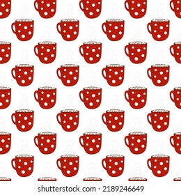 Seamless pattern with a cup. Red mug with hot drink. Cup with a pattern of circles. Flat illustration. Vector.