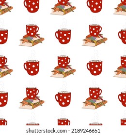 Seamless pattern with a cup. Red mug with hot drink. Cup with a pattern of circles. Flat illustration. Vector.