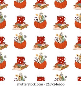 Seamless pattern with a cup. Red mug with hot drink. Cup with a pattern of circles. Flat illustration. Vector.