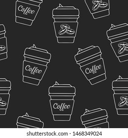 Seamless pattern with cup for take away with hot drink. Concept illustration for coffee to go shop menu or background.