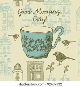  seamless pattern with cup of tea and birds