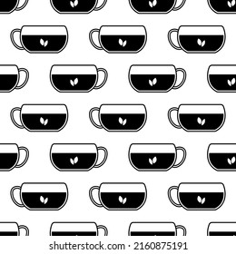 Seamless pattern with cup of tea. Black flat icon cup of tea on white background. Icon tea leaves. Modern design for print on fabric, wrapping paper, wallpaper, packaging. Vector illustration