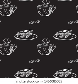 Seamless pattern with cup of tea and cake are on the black background
