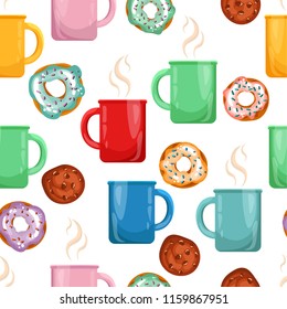 Seamless pattern of a cup with tea and coffee, biscuits and donuts on white...