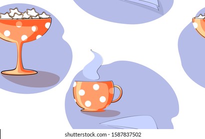 Seamless pattern with a cup of tea or coffee, a napkin and a vase of cookies on a light background. Composition creating a cozy atmosphere. EPS10 vector illustration