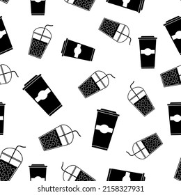 Seamless pattern with cup of tea, coffee. Black flat icon cup hot drink on white background. Icon coffee to go. Design for print on fabric, wrapping paper, wallpaper, packaging. Vector illustration