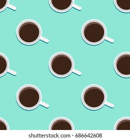 Seamless pattern with cup of tea, coffee, hot chocolate in flat style. Top view.