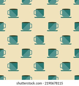 Seamless pattern with cup of tea. Flat icon cup. Coffee time concept. Background for kitchen on retro color. Retro design for print on fabric, wrapping paper, wallpaper, packaging. Vector illustration