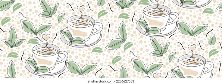 Seamless pattern of cup of tea with green tea leaves and dots. Minimal tea line art. Vector illustration.