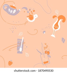 Seamless pattern with cup of tea, kettle, strawberry, wine, fresh, water, mint, Bloody Mary. Suitable for branding, coffee shop, menu, advertisement, banner, textile