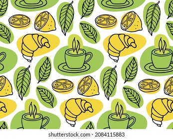 Seamless pattern with Cup of tea, leaves, lemon, croissant linear sketch. Hot drink Cartoon vector repeated background for wallpaper, wrapping, packing, textile, party decor. International Tea Day,