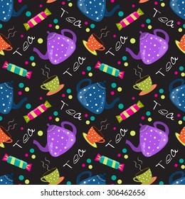 Seamless pattern with a cup of tea and sweets