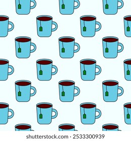 Seamless Pattern with Cup of tea and teabag. Drink Background. Vector flat illustration.