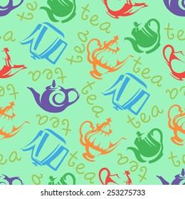 Seamless pattern with cup of tea and teapot