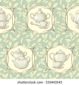 Seamless pattern with cup of tea with teapot, sugar bowl and tea leaves