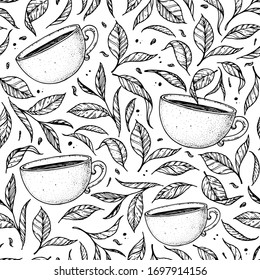 Seamless pattern. Cup of tea vector illustration. Tea leaf and cup. Hand drawn sketch. Engraved style.