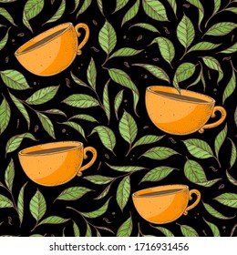 Seamless pattern. Cup of tea vector illustration. Tea leaf and cup. Hand drawn.