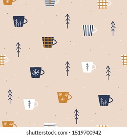 Seamless pattern with cup and tree. Seasonal cute print. Vector hand drawn illustration.