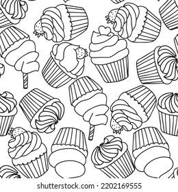 Seamless pattern with cupcake black white. Hand draw line art outline vector illustration