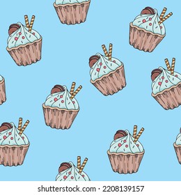 Seamless pattern with cupcake with blue cream, cookie and waffles