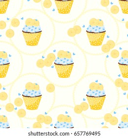 Seamless pattern with cupcake, blue hearts and banana. Vector background with sweet muffin. 