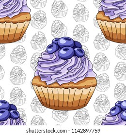 Seamless pattern cupcake with blueberries. Hand drawing. Vector illustration. Berry muffin in cartoon style. Wallpaper for homemade pastry shop, bakery. Cupcakes on white background.