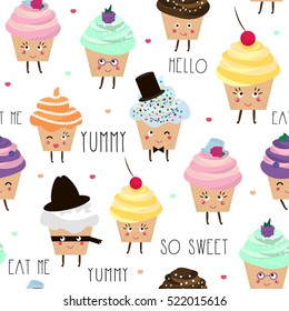Seamless pattern with cupcake characters isolated. Cute baby and kids background. Vector illustration