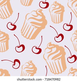 Seamless pattern with cupcake and cherry.
