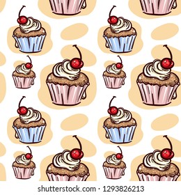 Seamless Pattern With Cupcake With Cherry And Cream