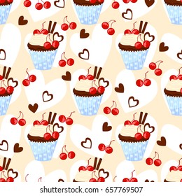 Seamless pattern with cupcake, chocolate hearts and cherry. Vector background with tasty food. 