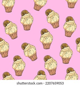 Seamless pattern cupcake with citrus cream and orange slice on pink background. Muffin with topping