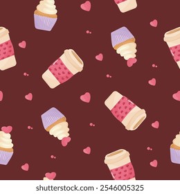 Seamless pattern with cupcake, coffee and hearts on a in burgundy background. Happy Valentine's Day, Romance, Love concept. Perfect for product design, scrapbooking, textile, wrapping paper. EPS 10