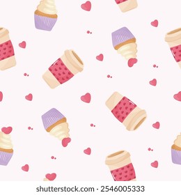 Seamless pattern with cupcake, coffee and hearts. Happy Valentine's Day, Romance, Love concept. Perfect for product design, scrapbooking, textile, wrapping paper. EPS 10