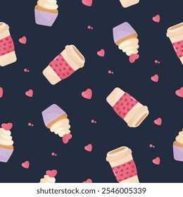 Seamless pattern with cupcake, coffee and hearts on a dark background. Happy Valentine's Day, Romance, Love concept. Perfect for product design, scrapbooking, textile, wrapping paper. EPS 10