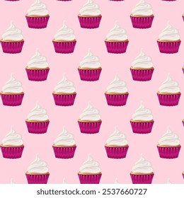 Seamless pattern cupcake with cream, sweetness dessert. Muffin. Flat style. Birthday, holiday, congratulations, concept of invitation. Vector illustration for banner, postcard, packaging.