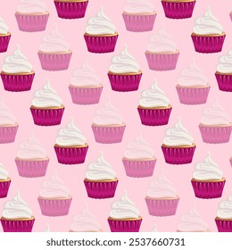 Seamless pattern cupcake with cream, sweetness dessert. Muffin. Flat style. Birthday, holiday, congratulations, concept of invitation. Vector illustration for banner, postcard, packaging.