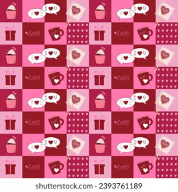 Seamless pattern with cupcake, cup and lollipop. Holiday attributes. Valentine's Day. Vector on colored squares. For wrapping paper, fabric, scrapbooking and decoration, social networks and web pages.