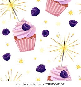 Seamless pattern with cupcake decorated with cream, blackberries and sparklers. Birthday muffin background. Festive texture for wrapping paper, cards, fabric, wallpaper.