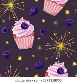 Seamless pattern with cupcake decorated with cream, blackberries and sparklers. Birthday muffin background. Festive texture for wrapping paper, cards, fabric, wallpaper.