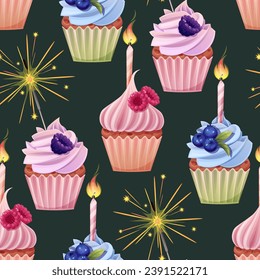 Seamless pattern with cupcake decorated with cream, blackberries, blueberries, raspberries, candle and sparkler. Birthday muffin background. Festive texture for wrapping paper, cards, fabric