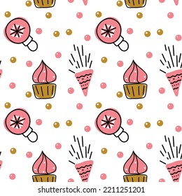 seamless pattern of cupcake and firecracker and Christmas ball. Print for fabric, wrapping paper.