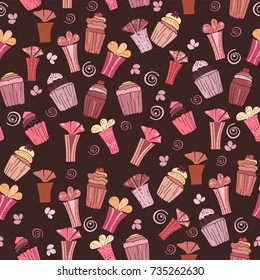 Seamless pattern with cupcake and  gift box in cartoon style. Pattern with cupcakes and gift vector illustration. 