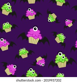 Seamless pattern with cupcake  and green eye on the top on purple background. illustration in cartoon style. Halloween party celebrating, autum.Cute seamless backgrounds for textile, fabric, wrapping 