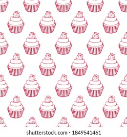 Nahtloses Muster mit Cupcake. Handgezeichnete Süßigkeiten doodle. Vektorgrafik. Perfekt für Grüße, Einladungen, Herstellung von Verpackungspapier, Textil und Web-Design.